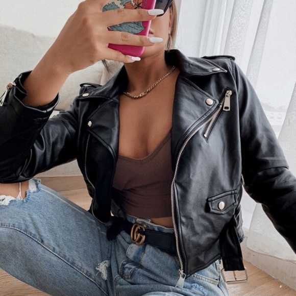 Black Vegan Leather Zipper Moto Biker Jacket y2k - Picture 5 of 5